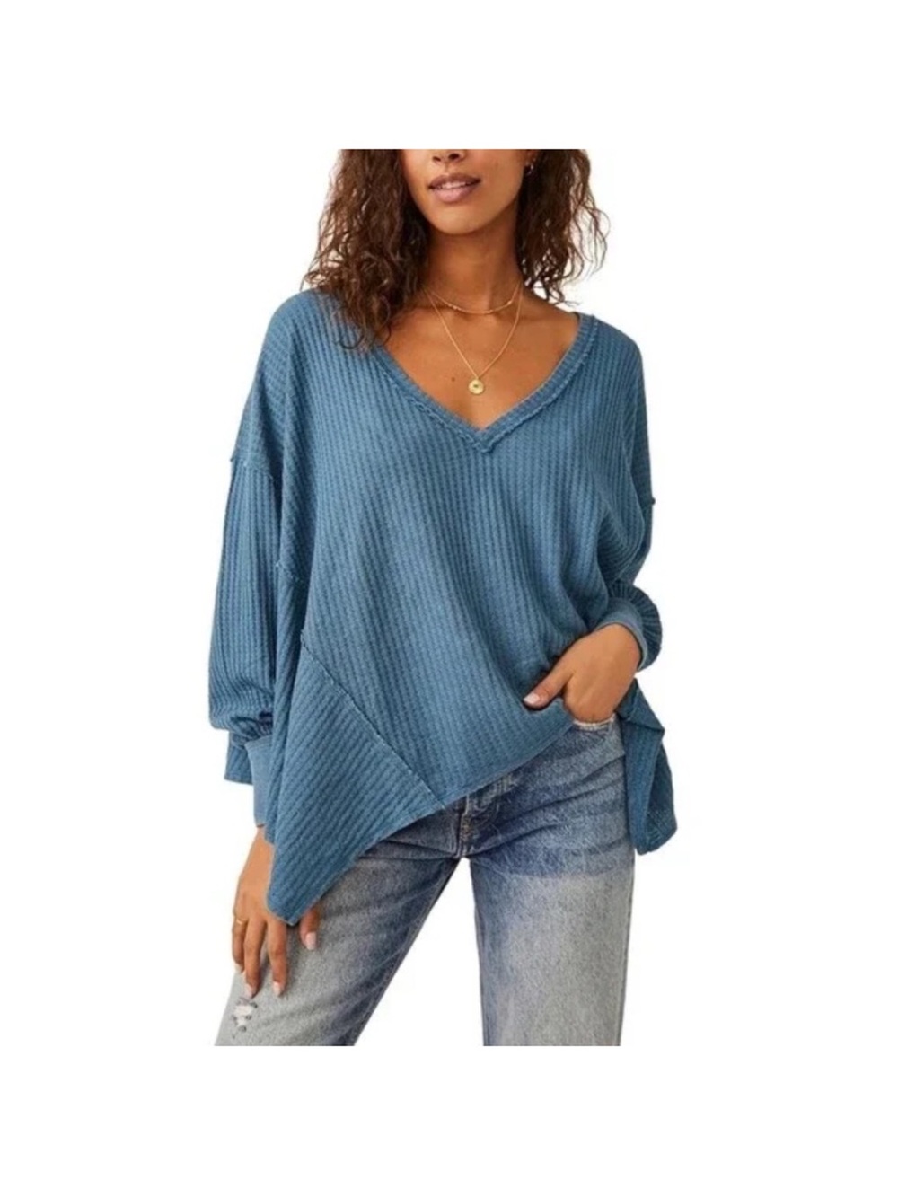 We The Free Teal Blue V-Neck Waffle Knit Sweater